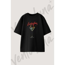 Cocktail Hours Tasarım Baskılı Unisex Oversize Kalıp Siyah Tshirt