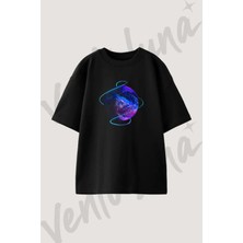 Rune Nebula Orb Tasarım Baskılı Unisex Oversize Kalıp Siyah Tshirt