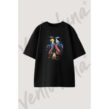Dag Cadir Atesi Tasarım Baskılı Unisex Oversize Kalıp Siyah Tshirt