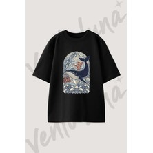 Ocean Whale Tasarım Baskılı Unisex Oversize Kalıp Siyah Tshirt