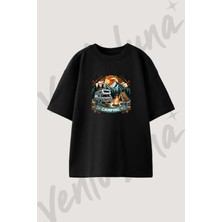 Camping Karavan Tasarım Baskılı Unisex Oversize Kalıp Siyah Tshirt