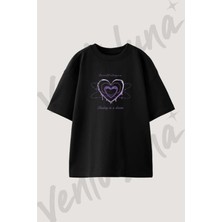 Melting Heart Moon Tasarım Baskılı Unisex Oversize Kalıp Siyah Tshirt