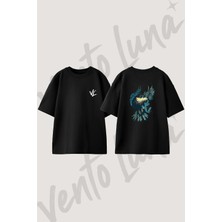 Kartal Doga Tasarım Sırt Baskılı Pamuk Siyah Oversize T-Shirt