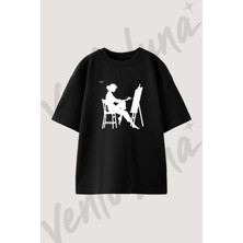 Painter Woman Tasarım Baskılı Unisex Oversize Kalıp Siyah Tshirt