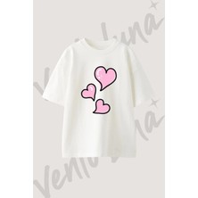 Pink Hearts Tasarım Baskılı Unisex Oversize Kalıp Beyaz Tshirt
