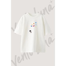 Astronot Gezegen_1 Tasarım Baskılı Unisex Oversize Kalıp Beyaz Tshirt