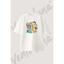 Kawaii Kediler_1 Tasarım Baskılı Unisex Oversize Kalıp Beyaz Tshirt
