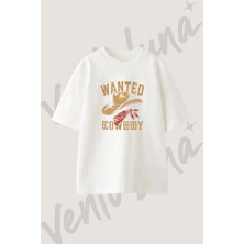 Wanted Cowboy Tasarım Baskılı Unisex Oversize Kalıp Beyaz Tshirt