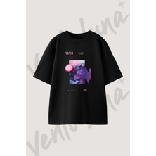 Synthwave Gezegen Tasarım Baskılı Unisex Oversize Kalıp Siyah Tshirt