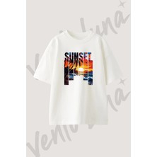 Tropical Sunset Tasarım Baskılı Unisex Oversize Kalıp Beyaz Tshirt