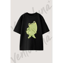 Frog Butt Tasarım Baskılı Unisex Oversize Kalıp Siyah Tshirt