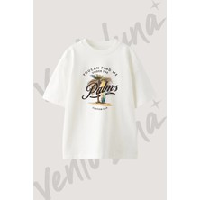 Palmiye Sorftahasi Tasarım Baskılı Unisex Oversize Kalıp Beyaz Tshirt