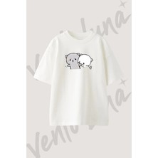 Peach Goma Tasarım Baskılı Unisex Oversize Kalıp Beyaz Tshirt
