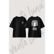 Pew Pew Kedi Tasarım Sırt Baskılı Pamuk Siyah Oversize T-Shirt