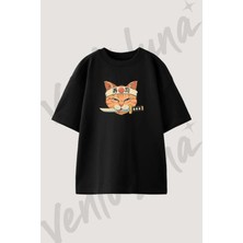 Sushi Kedi Tasarım Baskılı Unisex Oversize Kalıp Siyah Tshirt