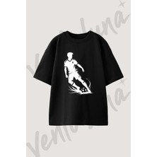 Soccer Player Tasarım Baskılı Unisex Oversize Kalıp Siyah Tshirt