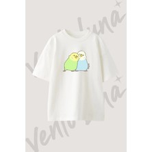 Budgie Cizim Tasarım Baskılı Unisex Oversize Kalıp Beyaz Tshirt