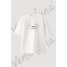 Butterfly Atom Tasarım Baskılı Unisex Oversize Kalıp Beyaz Tshirt