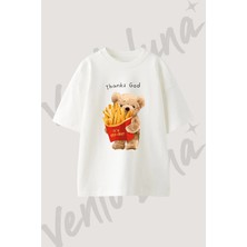 Bear Fries Tasarım Baskılı Unisex Oversize Kalıp Beyaz Tshirt