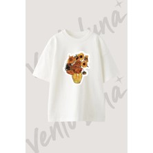 Van Gogh Sunflowers Tasarım Baskılı Unisex Oversize Kalıp Beyaz Tshirt