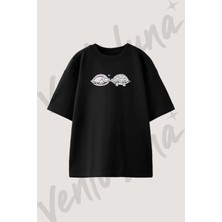Love Turtles Tasarım Baskılı Unisex Oversize Kalıp Siyah Tshirt