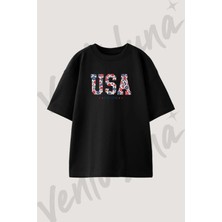 Usa Floral Tasarım Baskılı Unisex Oversize Kalıp Siyah Tshirt