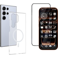 Tekno Grup Galaxy S23 Ultra Kılıf Mika Kamera Korumalı M-Safe Şarj Özellikli Şeffaf Sert Pc London Kapak + Tam Kaplayan Ekran Koruyucu