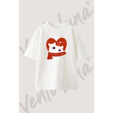 Kutup Ayilari Sevgi Tasarım Baskılı Unisex Oversize Kalıp Beyaz Tshirt