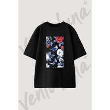 Kolibri Cicek Tasarım Baskılı Unisex Oversize Kalıp Siyah Tshirt