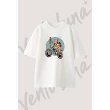 Neko Biker Tasarım Baskılı Unisex Oversize Kalıp Beyaz Tshirt