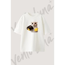 Broke Cat Meme Tasarım Baskılı Unisex Oversize Kalıp Beyaz Tshirt