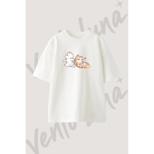 Cizgi Kediler_1 Tasarım Baskılı Unisex Oversize Kalıp Beyaz Tshirt