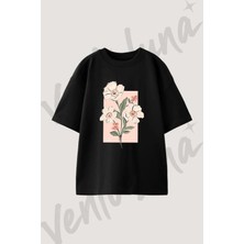 Cicek Cizim_2 Tasarım Baskılı Unisex Oversize Kalıp Siyah Tshirt