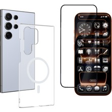 Tekno Grup Galaxy S24 Ultra Kılıf Mika Kamera Korumalı M-Safe Şarj Özellikli Şeffaf Sert Pc London Kapak + Tam Kaplayan Ekran Koruyucu