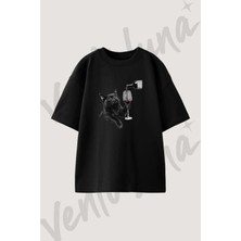 Kedi Sarap Tasarım Baskılı Unisex Oversize Kalıp Siyah Tshirt
