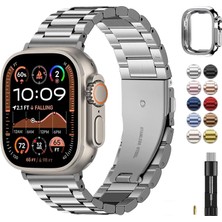 Fullmosa Apple Watch Ultra 3 / Ultra 2 / Ultra 49MM Uyumlu 304L Paslanmaz Çelik Metal Kordon ve Tam Kalıp Kasa Koruyucu Set Lüks Saat Kayışı