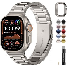 Fullmosa Apple Watch Ultra 3 / Ultra 2 / Ultra 49MM Uyumlu 304L Paslanmaz Çelik Metal Kordon ve Tam Kalıp Kasa Koruyucu Set Lüks Saat Kayışı