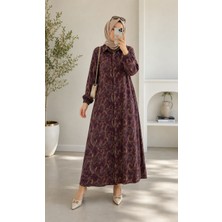 Zg Fashion Şal Desenli Düğmeli Gömlek Yaka Uzun Kollu Viskon Maxi Gömlek Elbise - Mürdüm