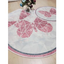 Ardizayn Kelebek - Kaymaz Taban 3'lü Yuvarlak Banyo Halısı, Banyo Paspası (100X100-60X60-40X60 CM 3'LÜ SET)