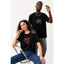 Lorvex Çift Kombin Erkek-Kadın Oversize T-Shirt %100 Pamuk Baskılı Rahat Kalıp Sevgili Tişörtü 2'li