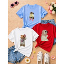 Lorvex Sevimli Figür Hayvanlar Baskılı Oversize %100 Pamuklu Renkli Çocuk-Yetişkin T-Shirt (3'lü)
