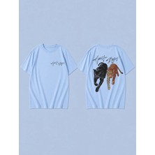 Lorvex Yırtıcı Ikili Baskılı %100 Pamuk Oversize Unisex Tişört Rahat Kesim T-Shirt
