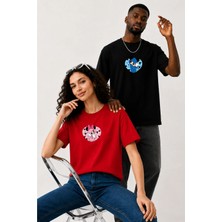 Lorvex Çift Kombin Erkek-Kadın Oversize T-Shirt %100 Pamuk Baskılı Rahat Kalıp Sevgili Tişörtü 2'li