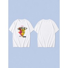 Lorvex Hungry Stay Baskılı %100 Pamuk Oversize Unisex Tişört Rahat Kesim T-Shirt