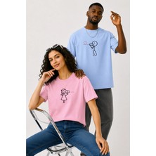 Lorvex Çift Kombin Erkek-Kadın Oversize T-Shirt %100 Pamuk Baskılı Rahat Kalıp Sevgili Tişörtü 2'li