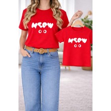 Lorvex Tişört Unısex Çocuk Anne Kombin Oversize – Anne & Çocuk Twin T-Shirt White Meow Baskı