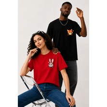 Lorvex Çift Kombin Erkek-Kadın Oversize T-Shirt %100 Pamuk Baskılı Rahat Kalıp Sevgili Tişörtü 2'li