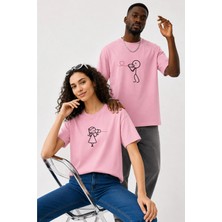Lorvex Çift Kombin Erkek-Kadın Oversize T-Shirt %100 Pamuk Baskılı Rahat Kalıp Sevgili Tişörtü 2'li