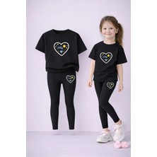 Lorvex Kız T-Shirt ve Esnek Tayt Seti Çocuk Takım %100 Pamuk Siyah Kalp Baskılı – Günlük Rahat Spor Kombin