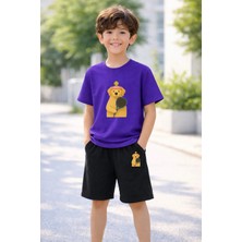Lorvex Erkek-Kız Çocuk Tişört Şort Takım %100 Pamuk Yazlık Rahat Kalıp Baskılı T-Shirt Çocuk Kombin